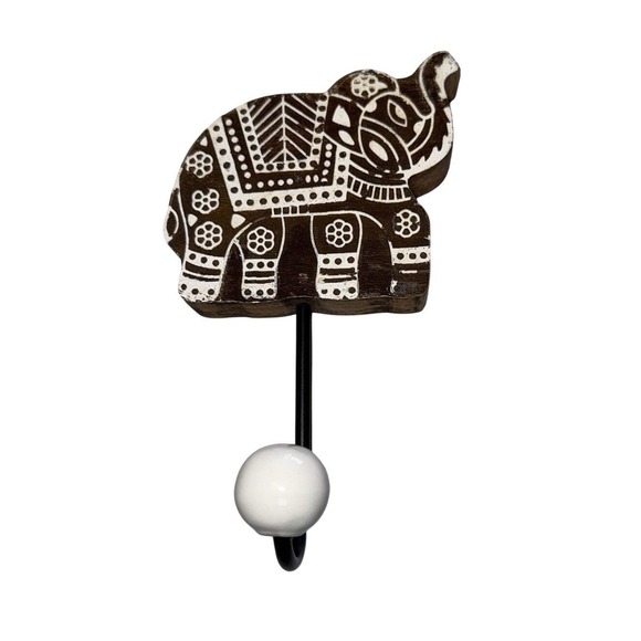 The Unbranded Brand Other - Hand Carved Wooden Elephant Wall Hook Coat Hanger Dark Brown White Decorative